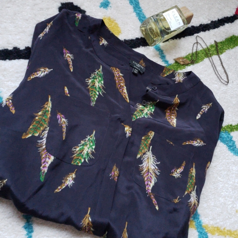 Talbots Washable Silk Feather Pocket Shirt